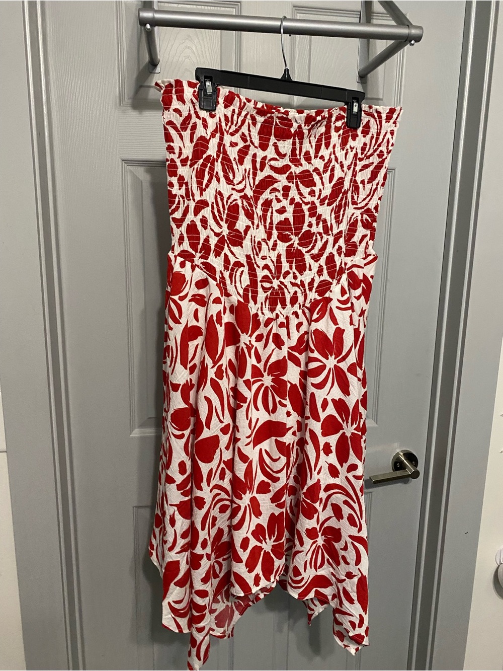 Red and White Floral Smocked Midi Dress